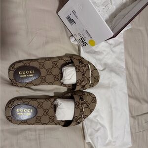 Gucci brown GG monogram horsebit slide sandals